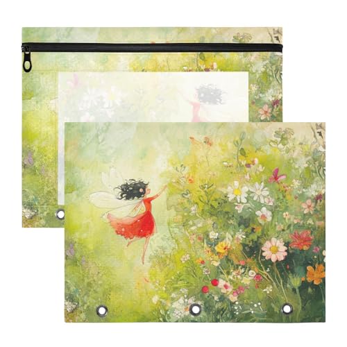 Foiosoh Kosmetiktasche, 3 Löcher, Taschenordner für A4-Papier, Briefe, 2 Stück, Lehrer, Schulanfang, Fee und Blume, Grün von Foiosoh