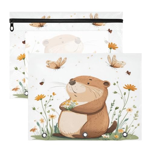 Foiosoh Kosmetiktasche mit Reißverschluss, Ordner für A4-Papier, Briefe, 2 Stück, Lehrer, Schulbedarf, Biber und Schmetterling, Weiß von Foiosoh