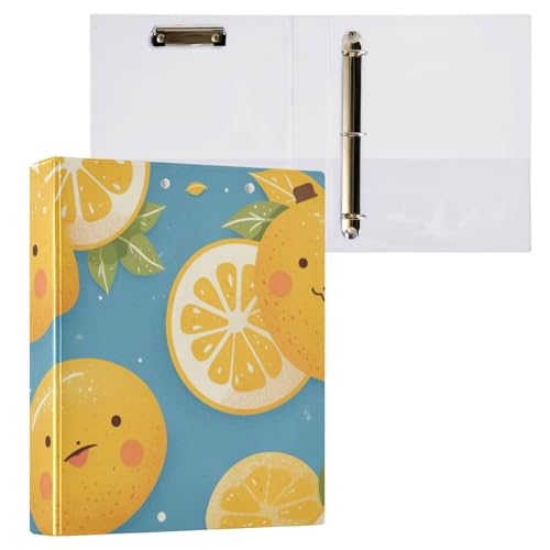 Foiosoh Notizbuchordner mit runden Ringen, 3,5 cm (1 und 2 Zoll) Notizbuchordner mit Innentaschen, 1/2 Packungen, Ordner für Studenten, Hardcover, Zitronengelb, fröhliches Muster von Foiosoh
