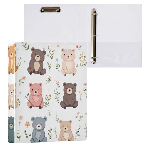 Foiosoh Notizbuchordner mit runden Ringen, 3,5 cm (1 und 2 Zoll) Ordner mit Klemmbrett, 1/2er-Pack, Ordner für Studenten, Hardcover, Cartoon, süßer Bär, Weiß von Foiosoh