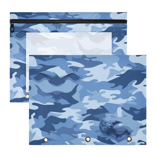 Foiosoh Ordner mit Reißverschluss, 3 Locher für 3 Ringe, 2 Stück, Lehrer, Klassenzimmer, Zubehör, Camouflage-Blau von Foiosoh