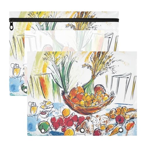 Foiosoh Ordnertaschen, Klarsichtfenster, 3-fach Locher, für A4-Papier, Briefe, 2 Stück, Lehrer, Büro, Obst und Gemüse Muster von Foiosoh