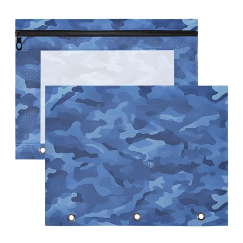 Foiosoh Ordnertaschen mit Reißverschluss, Kunststoff-Aktenordner für 3 Ringe, 2 Stück, Lehrer, Schulbedarf, Blau, Camouflage von Foiosoh