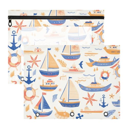 Foiosoh Ordnertaschen mit Reißverschluss, Kunststoff-Aktenordner für 3 Ringe, 2 Stück, Studenten, College, dunkelblaues Seeschiff von Foiosoh