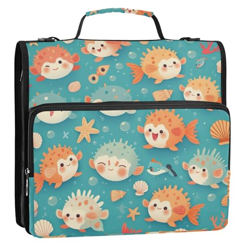 Pufferfish Organizer mit 3 Ringen, Ordner mit Riemen, mehrere Taschen, Dokumentenmappe, Organizer für Schule und Büro von Foiosoh