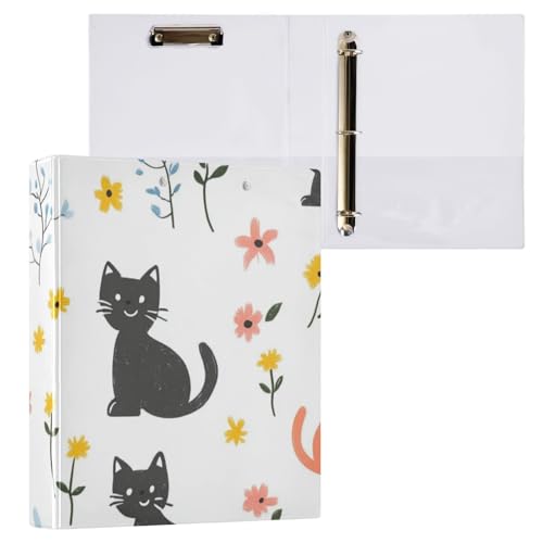 Ringbuch mit runden Ringen, 3,5 cm (1 und 2 Zoll), Ordner mit Taschen, 1/2er-Pack, Ordner für die Schule, Hardcover, süße Katze, einfaches Muster, Weiß von Foiosoh