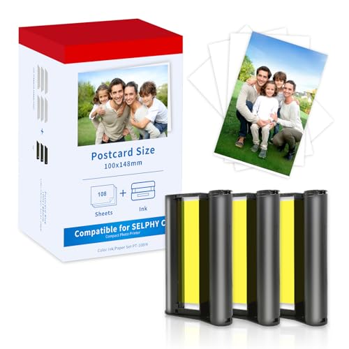 Ersatz für Canon Selphy cp1500 cp1300 Fotopapier KP-108IN 3115B001(AA) Kartusche und Papier, kompatibel mit Canon Selphy CP1500 CP1300 CP1200 CP910, 3 Tintenpatronen mit 108 Papieren (100 x 148 mm) von Foiset