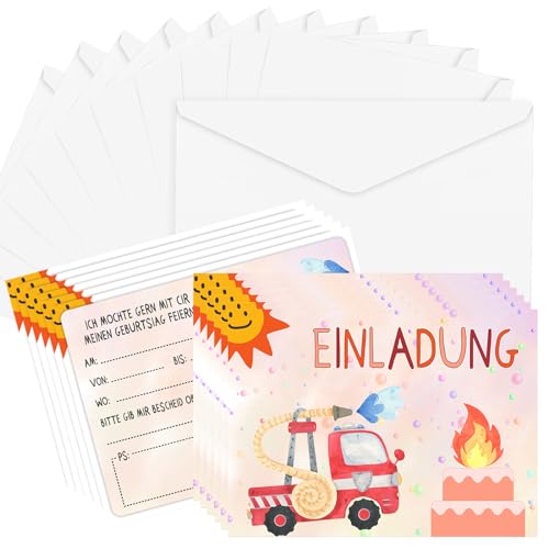 12 Einladungskarten Zum Kindergeburtstag, Feuerwehr Einladungskarten Mit 12 Weiße Briefumschläge Premium Qualität Geburtstagseinladungen Für Kinder Für Kinder von Fokelyi