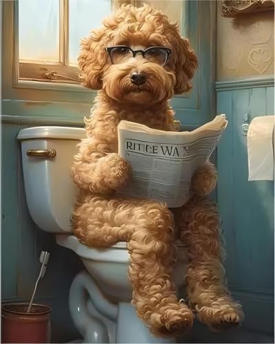 Fokenzary Malen nach Zahlen, Motiv: Hund beim Lesen der Zeitung, Ölgemälde auf Leinwand für Erwachsene und Anfänger, mit Pinseln und Acrylfarben, rahmenlos (40 x 50 cm) von Fokenzary