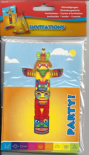 FOLAT 26110 Kindergeburtstag Dekoration "Indianer": Set Einladungen, Verschiedene Motive Marterpfahl, Wigwam von Folat