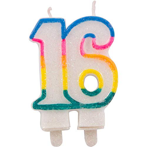Folat 22890 – Glitzerkuchenkerze Regenbogen mit Halterung – Zahl 16 – ca. 9 x 6 x 1,5 cm von Folat