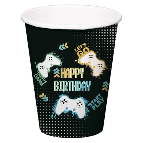 Folat 24965 Videospiel Zubehör Trinkbecher-Level Up-250 ml-8 Stück-Geburtstag Spiel Party Geschirr, Schwarz von Folat