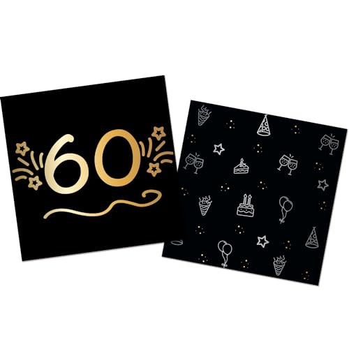 Folat 25059 Party Deko Schwarz Gold Silber - Servietten - 60 - Shining Glam - 33 x 33 cm - 16 Stück - Für Geburtstag, Jubiläum, 60 Jahre von Folat