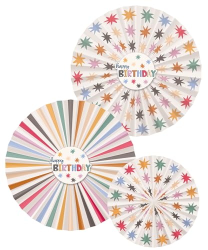 Folat 26866 Dekoration weiß mit bunten Sternen-Deko-Fan-Set-Starburst-3 Pieces-Fröhlich und farbenfroh für Kinder und Erwachsenen Geburtstag, Mehrfarbig von Folat