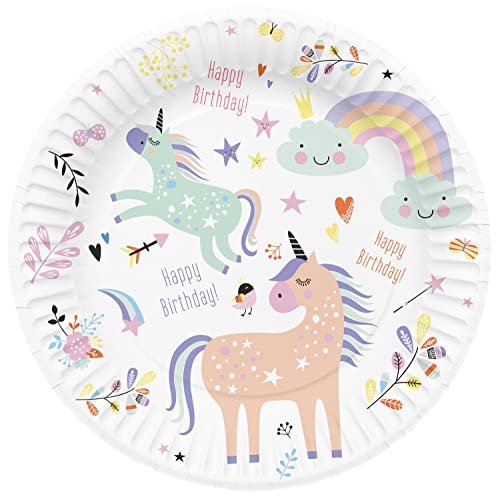 Folat 61927 Paper Party Tableware Pappteller Rund Ø Unicorns & Rainbows 23cm-8 Stück Einweggeschirr Teller für Geburtstagsfeier, Babyparty, Hochzeit, Brautparty, Mehrfarbig von Folat