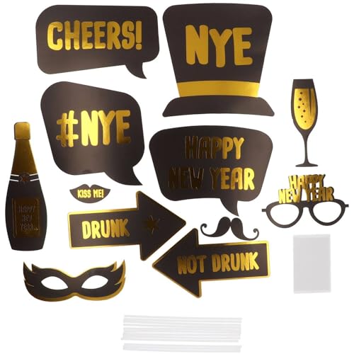 Folat 63762 Photobooth Zubehör-BlackGold HNY-12 Stück-Silvester Deko, Neujahrs Party, Neujahr Silvesterdeko, Frohes Neues Jahr, Happy New Year, Mehrfarbig von Folat