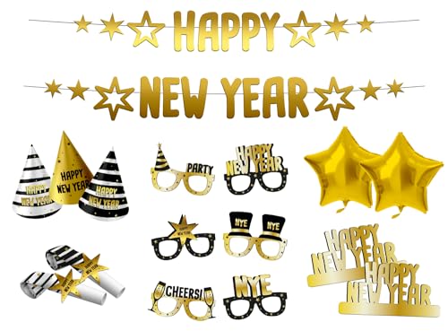 Folat 63764 Dekoration Set Silvester - Partybox Happy New Year - BlackGold HNY - Silvester Deko, Neujahrs Party, Happy New Year Girlande, Folienballons, Fotorequisiten von Folat