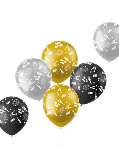 Folat 63769 Latexballons-BlackGold HNY-Schwarz, Gold, Silber-6 Stück-Silvester Deko, Neujahrs Party, Neujahr Silvesterdeko, Frohes Neues Jahr, Happy New Year, Mehrfarbig von Folat