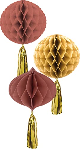 Folat 68497 Golden Dusk 3 Stück-Dekoration Wabenbälle Set, Honeycomb Balls Deko für Geburtstag, Party, Baby Dusche, Hochzeit, Mehrfarben, 30 cm von Folat