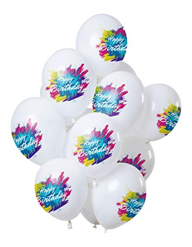 Folat 69600 Ballons Color Splash 'Happy Birthday' 30cm-12 Stück Latex Helium Luftballon, Geburtstag Deko, White, 30 cm von Folat