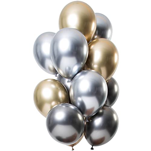Folat 69715 Ballons Mirror Effect Onyx 33cm-12 Stück Latex Helium Luftballon, Geburtstag Deko, White,Gold,Silver, Ø 30 cm von Folat