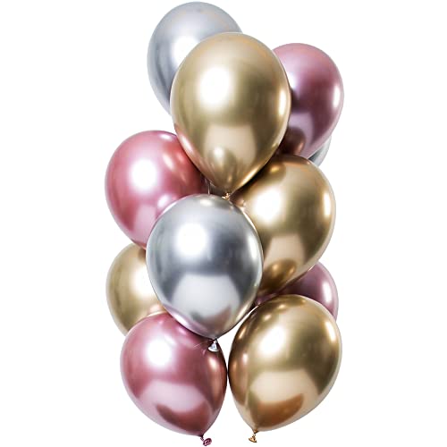 Folat 69716 Ballons Mirror Effect Morganite 33cm-12 Stück Latex Helium Luftballon, Geburtstag Deko, Gold,pink,Silver, 30 cm von Folat