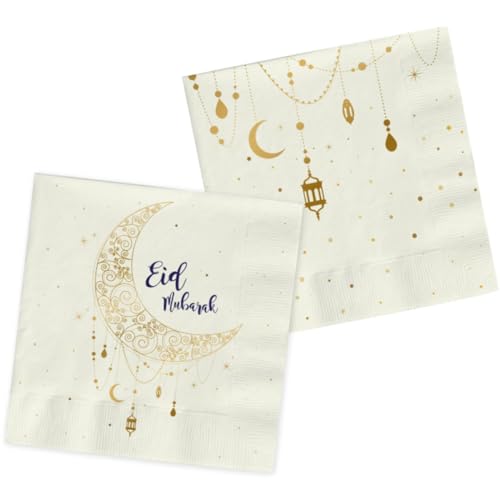 Folat Eid Mubarak Ramadan Dekoration - Servietten Gold Weiß 33x33 cm 20 Stück - Eid Deko Stern Mond Zubehör Ramadan von Folat