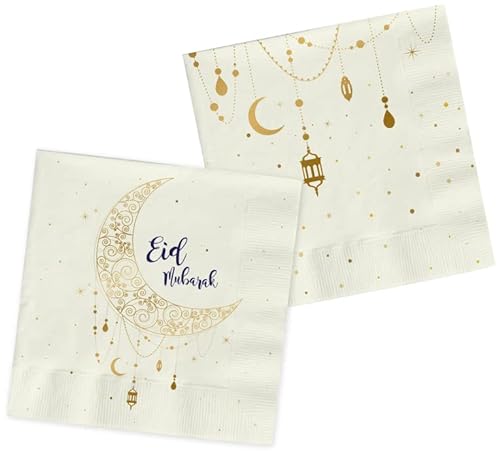 Folat Eid Mubarak Ramadan Dekoration - Servietten Gold Weiß 33x33 cm 20 Stück - Eid Deko Stern Mond Zubehör Ramadan von Folat