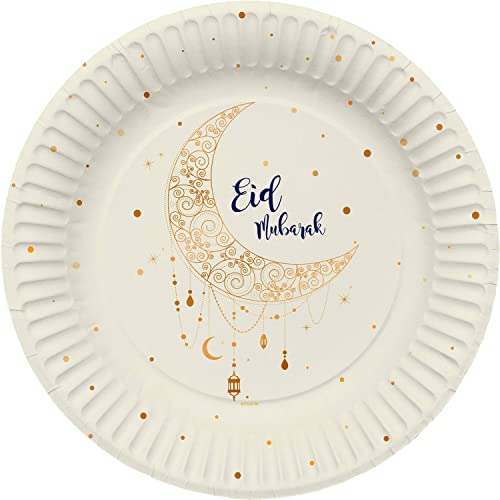 Folat Eid Mubarak Ramadan Dekoration - Teller Papier Gold Weiß 26 cm 8 Stück - Eid Deko Stern Mond Zubehör Ramadan von Folat