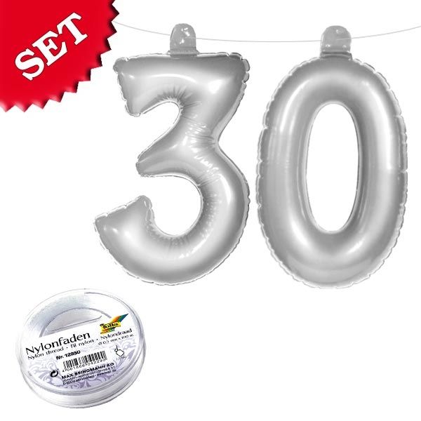 Infletter Zahl 30, silberne Zahlen-Ballons 30. Geburtstag/ Hochzeitstag von Folat