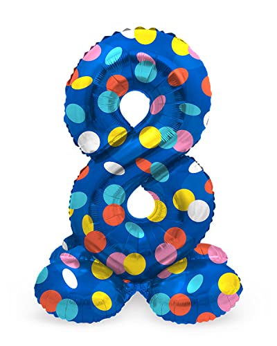Folat 64788 Luftballon Geburtstag Stehender Ziffer 8 Colorful Dots Blau mit farbigen Punkten 41 cm-Decoration Geburtstagdeko, Ballon Zahl, Kein Helium erforderlich, Colourful von Folat