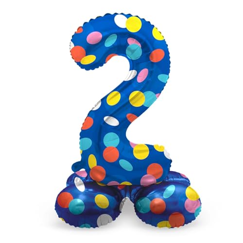 Folat 63972 Luftballon Geburtstag Stehender Ziffer 2 Colorful Dots Blau mit farbigen Punkten 72 cm-Decoration Geburtstagdeko, Ballon Zahl, Kein Helium erforderlich, Bunt von Folat