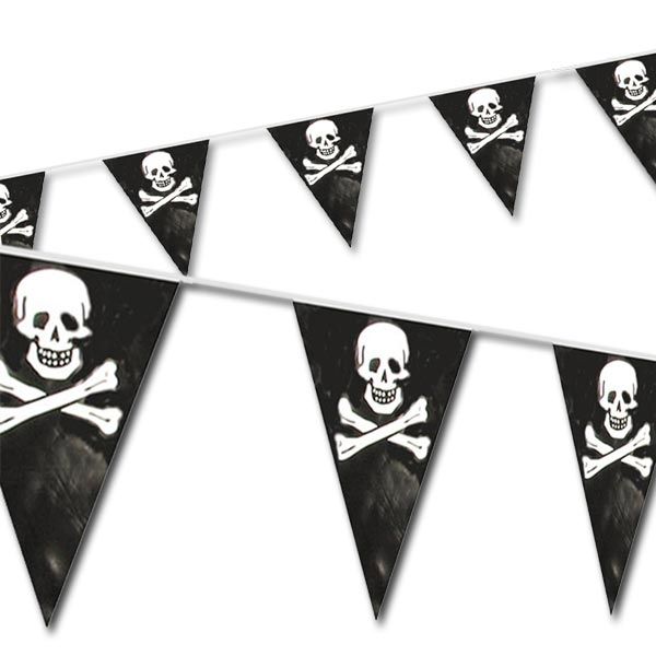 Totenkopf-Wimpelkette schwarz 10m als Piratenparty Deko, aus Folie Totenkopf-Wimpelkette schwarz 10m als Piratenparty Deko, aus Folie von Folat