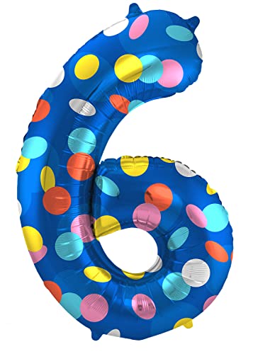 Folat 64186 Luftballon Geburtstag Ziffer 6 Colorful Dots Blau mit farbigen Punkten 86 cm-Helium Decoration Geburtstagdeko, Ballon Zahl, Colourful, cm von Folat