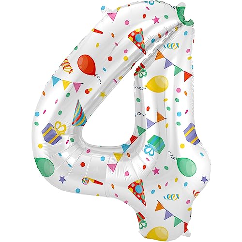 Folat 64174 Luftballon Geburtstag Ziffer 4 Joyful Party Weiß mit Geschenke und Dekoration 86 cm-Helium Decoration Geburtstagdeko, Ballon Zahl, Colourful Folat 64174 Luftballon Geburtstag Ziffer 4 Joyful Party Weiß mit Geschenke und Dekoration 86 cm-Helium Decoration Geburtstagdeko, Ballon Zahl, Colourful von Folat
