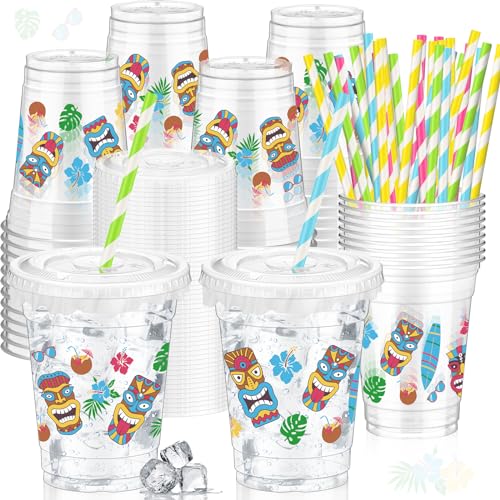 FoldTier Luau Party Kunststoffbecher, 340 ml, kalte Getränke, Tiki-Becher, dicke, transparente Tasse, hawaiianisches Partyzubehör, Einwegbecher mit Deckel für Luau, Strand, Hawaii von FoldTier