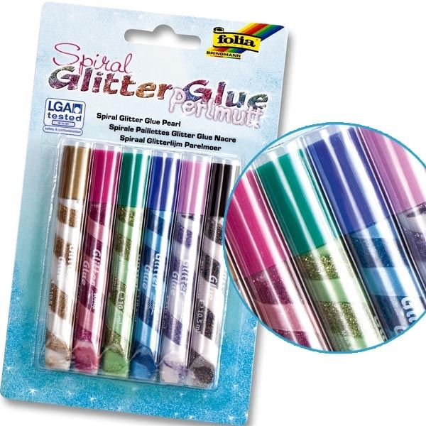 Glitter-Glue Spiralen Perlmutt, 6er Pack, mit eingedrehten Farben, Bastel-Idee, Glitzerstifte für Kinder von Folia Bringmann