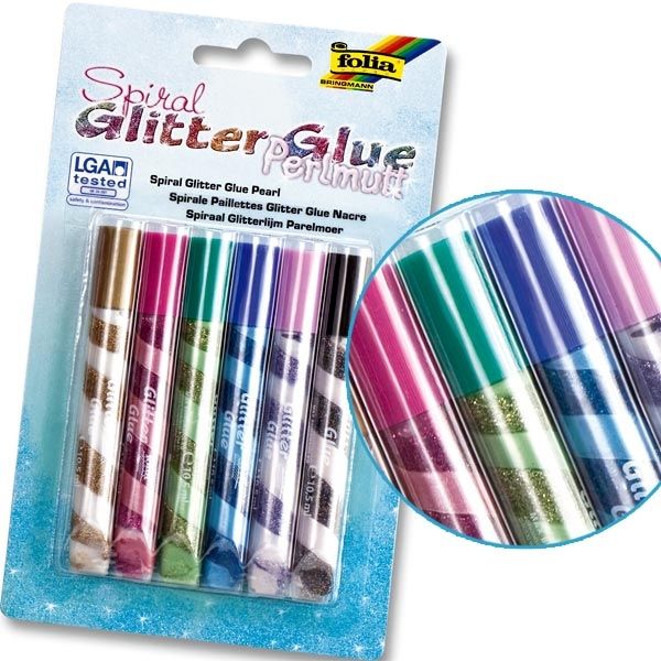 Glitter-Glue Spiralen Perlmutt, 6er Pack, mit eingedrehten Farben, Bastel-Idee, Glitzerstifte für Kinder Glitter-Glue Spiralen Perlmutt, 6er Pack, mit eingedrehten Farben, Bastel-Idee, Glitzerstifte für Kinder von Folia Bringmann