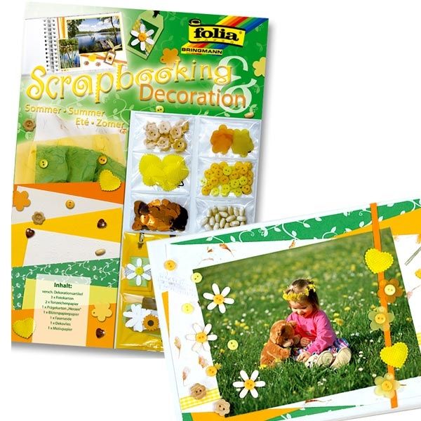 Scrapbooking Dekoset Sommer +Knöpfe mit Bastelkarton, Seide, Vlies, Blütenpapier etc. von Folia Bringmann