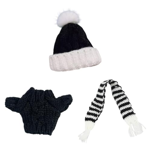 Folpus 3 Stück Puppenpullover und Mütze, Schal, handgefertigte Kleidung, Kostüm, Miniaturkleidung für 17 cm große Puppen, Schwarz von Folpus