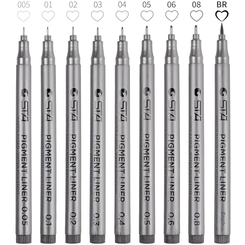 Foneso 9 Fineliner Stifte, Wasserdicht Pigmentliner Set(8 Linienbreiten und 1 Brush) Zum Skizzieren, Künstler Illustration, Tchnische Zeichnung, Office-Dokumente - Schwarz von Foneso