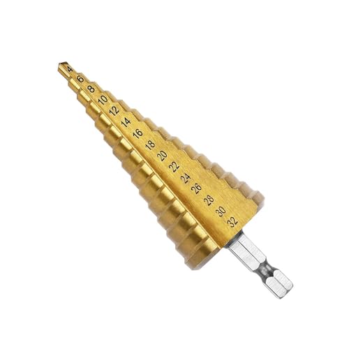 Fongmore 4 – 32 mm Hochgeschwindigkeitsstahl, Titan, beschichtet, Step Drill High Speed Stahl, 1/4 Zoll, Sechskant-Griff, Schnellwechsel, Kegelbohrer, Metall, Kunststoff, Holz, Bohrung Fongmore 4 – 32 mm Hochgeschwindigkeitsstahl, Titan, beschichtet, Step Drill High Speed Stahl, 1/4 Zoll, Sechskant-Griff, Schnellwechsel, Kegelbohrer, Metall, Kunststoff, Holz, Bohrung von Fongmore