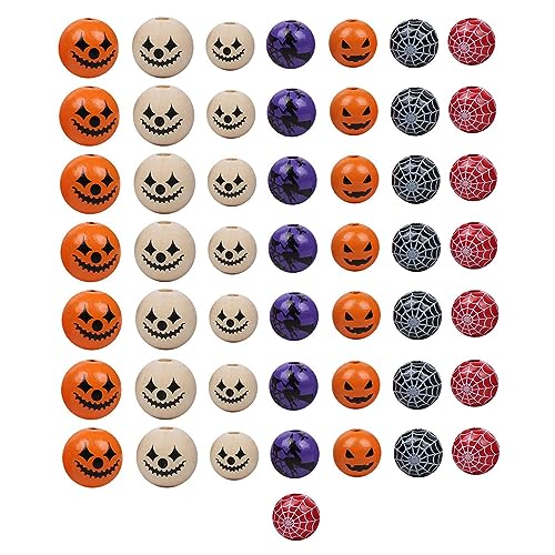 Fonowx 50 Stück Holzperlen mit Gesicht 20mm Halloween, Halloween Holzperlen zum Auffädeln, Holzkugeln mit Loch 20mm Natur, DIY Runde Holzperlen Handwerk Charm für Halloween Dekoration, Stil C von Fonowx