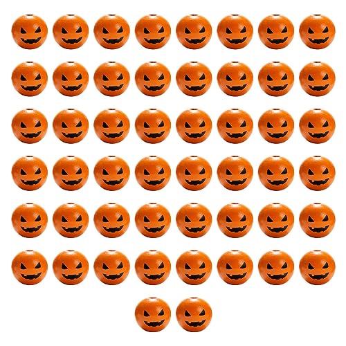 Fonowx 50 Stück Holzperlen mit Gesicht 20mm Halloween, Halloween Holzperlen zum Auffädeln, Holzkugeln mit Loch 20mm Natur, DIY Runde Holzperlen Handwerk Charm für Halloween Dekoration, Stil a von Fonowx