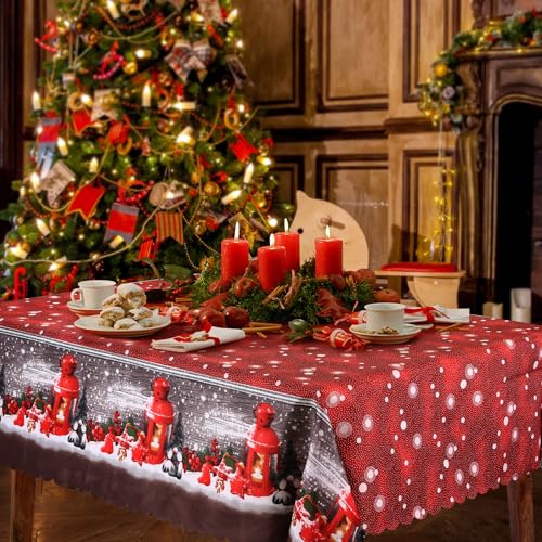 Fontien Weihnachtstischdecke, Tischdecke Weihnachten 180x150 cm Lang Rechteckiger Weihnachtstischdecken Rot, Abwaschbare Esstischdecke, Für Wohnzimmer, Esszimmer, Party, Weiß und Rot von Fontien