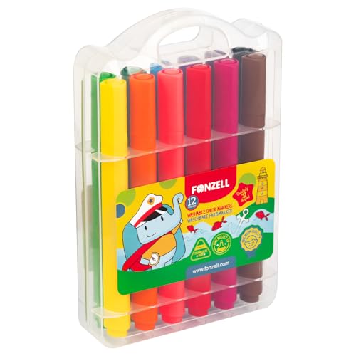 Fonzell® Waschbare Filzstifte für Kinder – 12 Farben – Abwaschbar & ungiftig – Mit Tragetasche – Ergonomisch & CE-zertifiziert – Ideal für Schule & Zuhause von Fonzell
