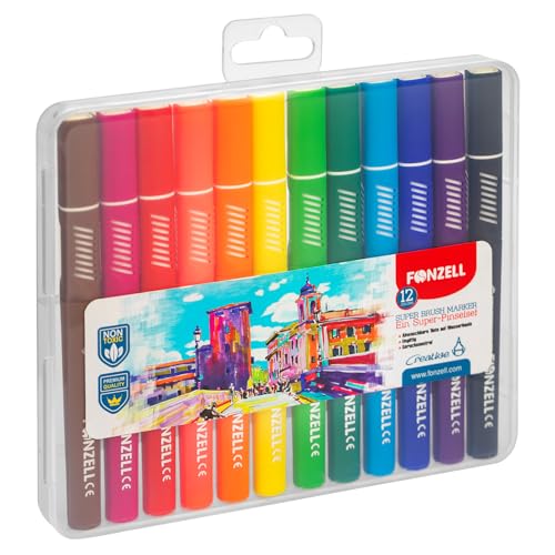 Fonzell Brush Pens Set Pinselmarker 12 Farben mit flexibler & feiner Spitze – Handlettering, Bullet Journal, Kalligraphie – Wasserbasierte Marker für Kinder & Erwachsene von Fonzell