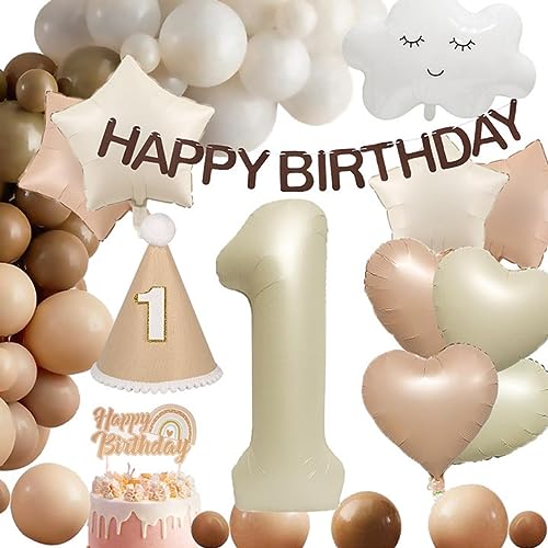 Foonii 1 Jahr Geburtstagsdeko Mädchen,1. Geburtstag Mädchen Cremeweiß,Luftballon 1. Geburtstag,Happy Birthday Banner,Bohème-Stil Geburtstag Deko,Geburtstagsdeko 1 Jahr Mädchen,Kindergeburtstag Deko von Foonii
