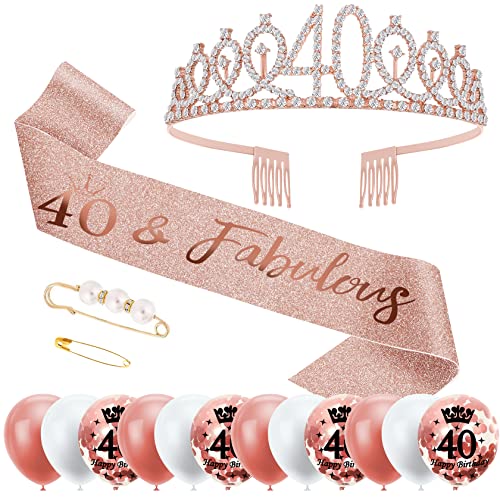 40 Geburtstag Frauen Deko Schärpe und Tiara,40. Geburtstag Deko Geschenke,40. Geburtstag Frauen Geschenke für Frauen zum Geburtstag Alles Gute zum Mit 12 Rosegold Luftballons Konfetti Luftballons von Foonii