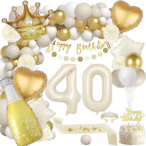 Foonii Deko 40. Geburtstag Frauen,40 Geburtstag Deko Sandweiß Gold Luftballons Happy Birthday Banner 40 Geburtstagdeko Luftballons für Frauen Männer 40. Geburtstag Dekorationen von Foonii